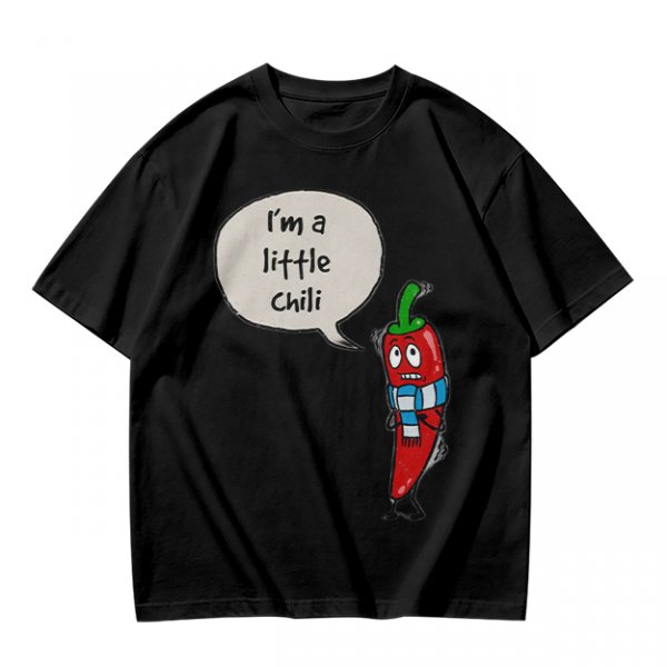 Olive green t-shirt with funny 'I'm a little chili' cartoon chili print