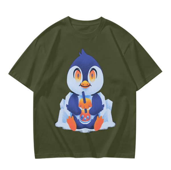 Olive T-shirt with Cute Penguin Drinking Boba Tea Print