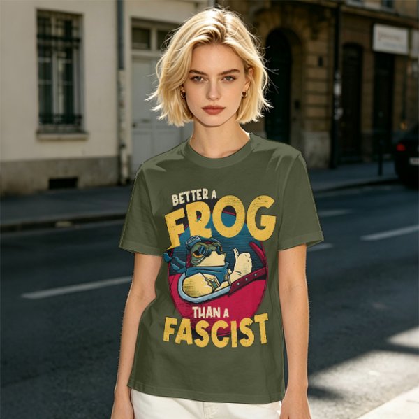 Olive graphic t-shirt with 'Better a Frog Than a Fascist' pilot frog design