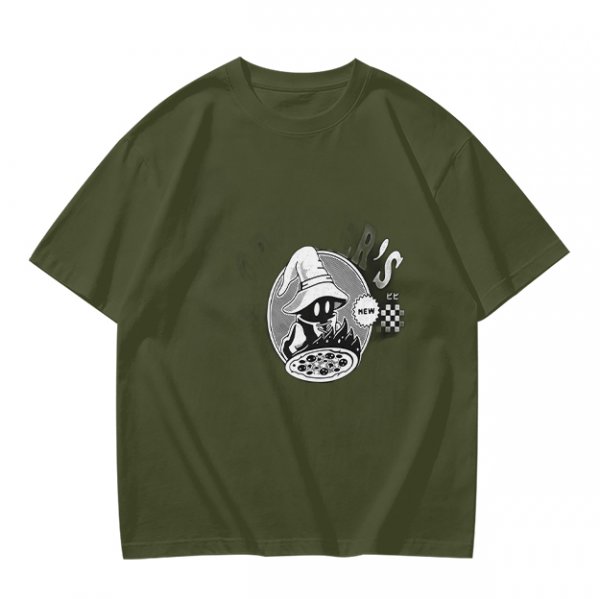 Olive Green T-Shirt With Wizard And Pizza Graphic Print