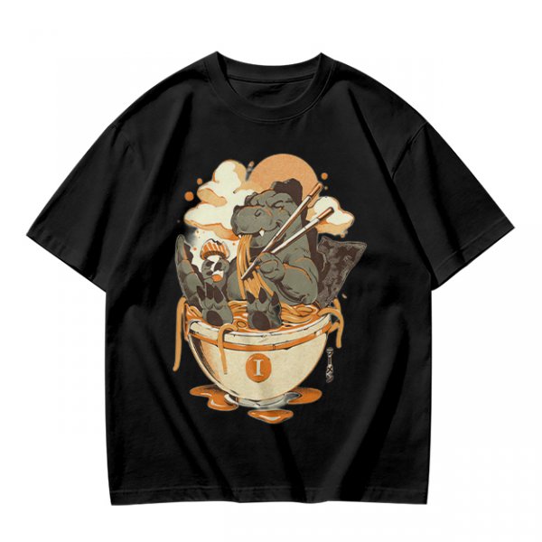 Olive T-Shirt Featuring Godzilla Eating Ramen Noodles