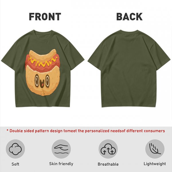 Olive T-Shirt With Cute Cartoon Hot Dog Graphic Print