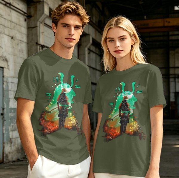 Olive T-shirt with Samurai Warrior and Helmet Art Print