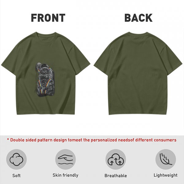 Olive T-Shirt With Astronaut Cat And Rainbow Accent Print
