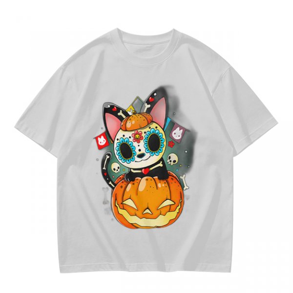 Olive t-shirt with sugar skull cat on jack-o'-lantern