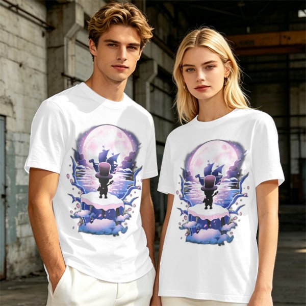 Olive T-Shirt With Moonlit Pirate Ship And Silhouette Figure Print