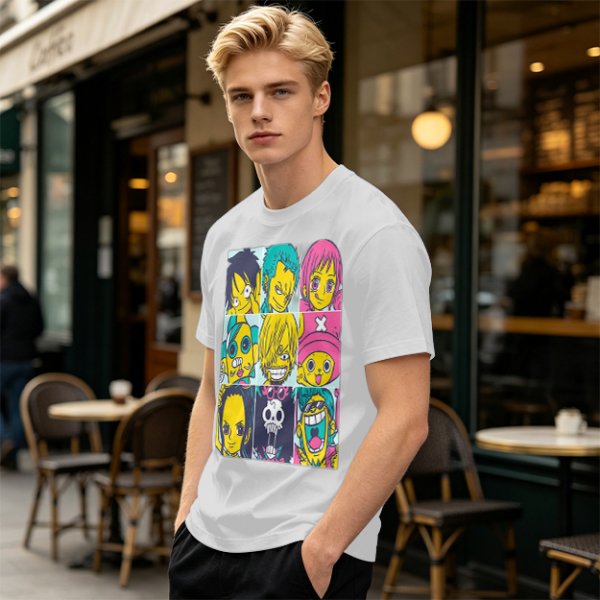 Olive T-shirt with One Piece x Simpsons Style Character Grid Print