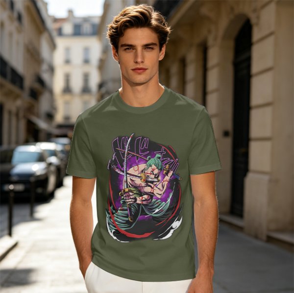 Olive T-shirt with One Piece Roronoa Zoro Three Sword Style Print