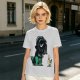 Olive T-shirt with cartoon dinosaur in Darth Vader helmet and chicken print