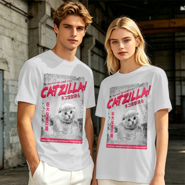 Olive green t-shirt with Catzilla giant cat monster graphic print