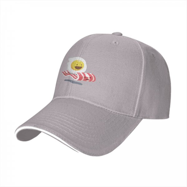 Black Baseball Cap with Smiling Fried Egg and Bacon Print
