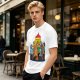 Olive green t-shirt with cartoon dogs playing poker under a hanging lamp