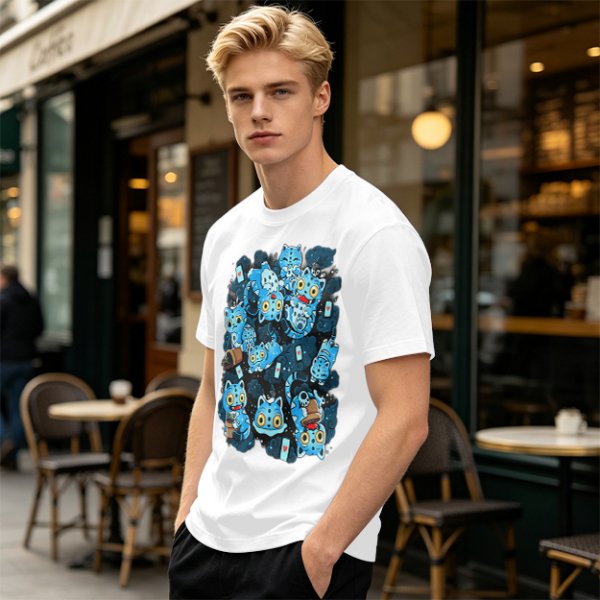 Olive T-Shirt With Playful Blue Cat Character Print