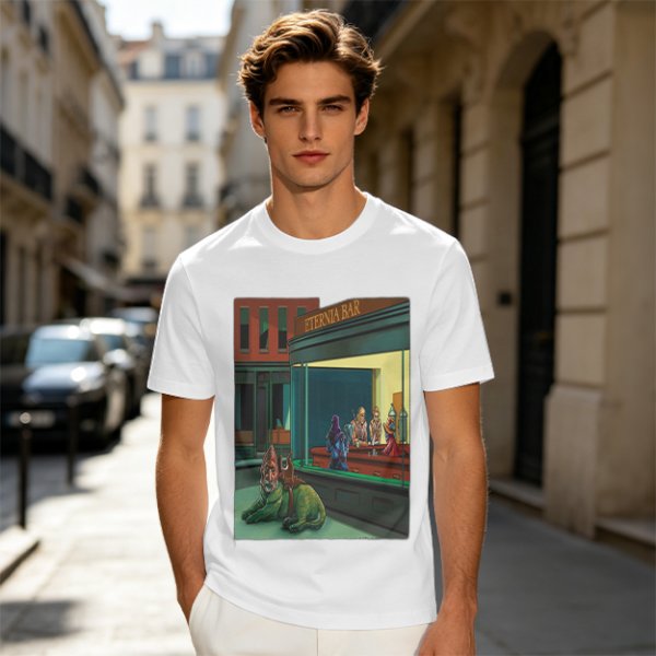 Olive T-Shirt With Surreal Bar Scene Graphic Print