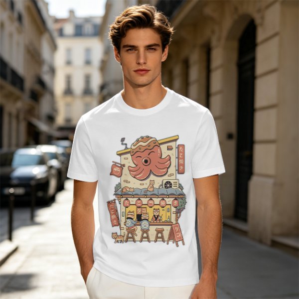 Olive T-Shirt with Octopus Takoyaki Shop Cat Art Print