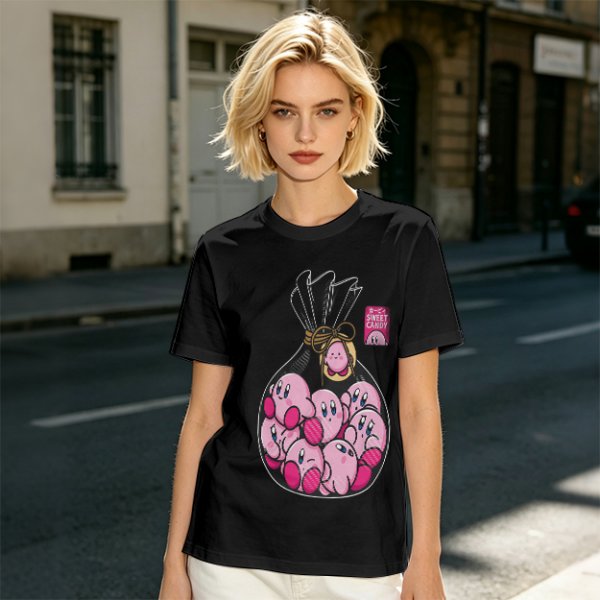 Olive T-Shirt With Cute Kirby Candy Bag Graphic