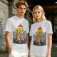 Olive green t-shirt with cartoon dogs playing poker under a hanging lamp