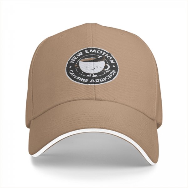 Black baseball cap with 'New Emotion Caffeine Addiction' coffee cup graphic