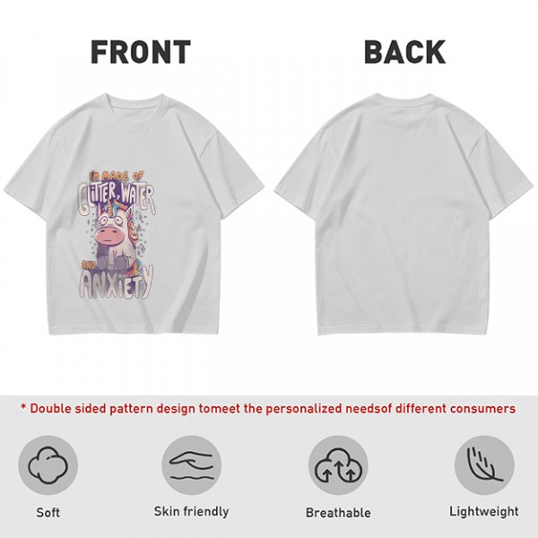 Olive t-shirt with anxious unicorn glitter water and anxiety print