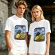 Olive T-Shirt with Starry Night Cat and Sunflowers Art Print