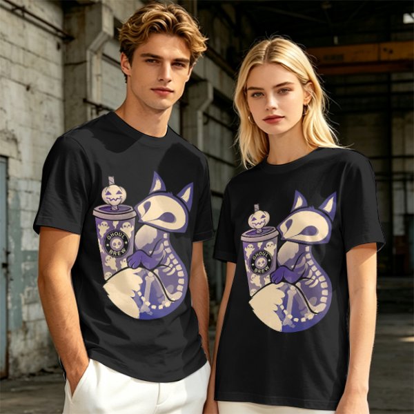 Halloween Skeleton Fox Holding Ghoul Brew Cup T-Shirt