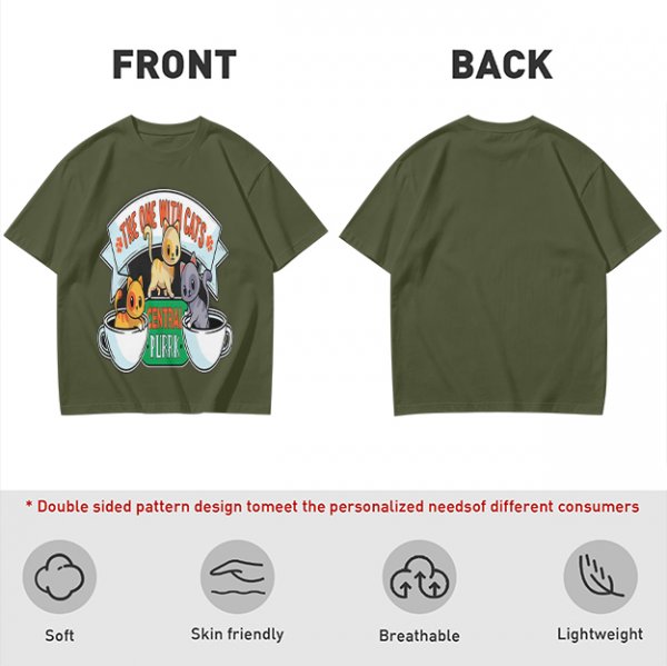 Olive green t-shirt with cat coffee cup graphic and playful text design