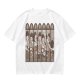 Olive Green T-Shirt with Cartoon Medieval Tavern Scene Print