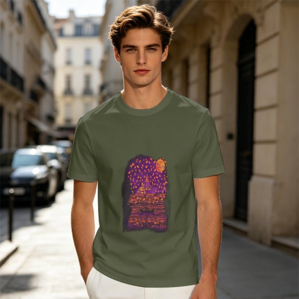 Olive T-Shirt with Purple Sunset Boat Scene Graphic