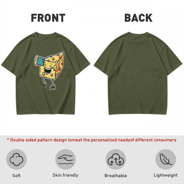 Olive T-shirt with a cartoon cheese taking a selfie and making a peace sign
