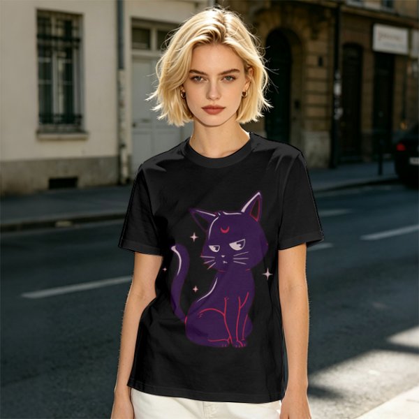 Olive T-Shirt with Sassy Black Cat and Crescent Moon Graphic