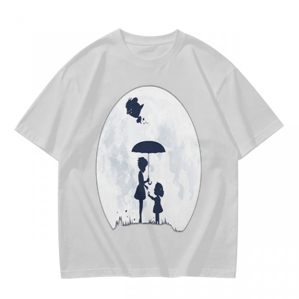 Olive T-Shirt With Moon Silhouette Of Two Children And Umbrella