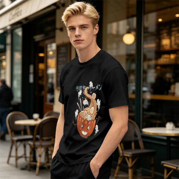 Olive green t-shirt with pumpkin ramen and ghost graphic print