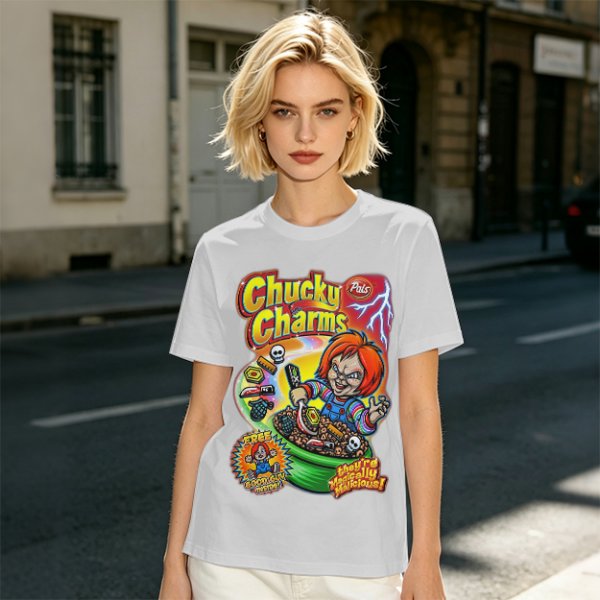 Chucky Charms Horror Cereal Themed Graphic T-Shirt