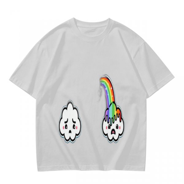 Oversized Olive T-Shirt With Sad Clouds And Rainbow Drip Graphic