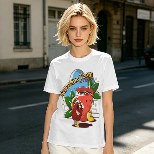 Olive green graphic t-shirt with caffeine team coffee cup and bean illustration