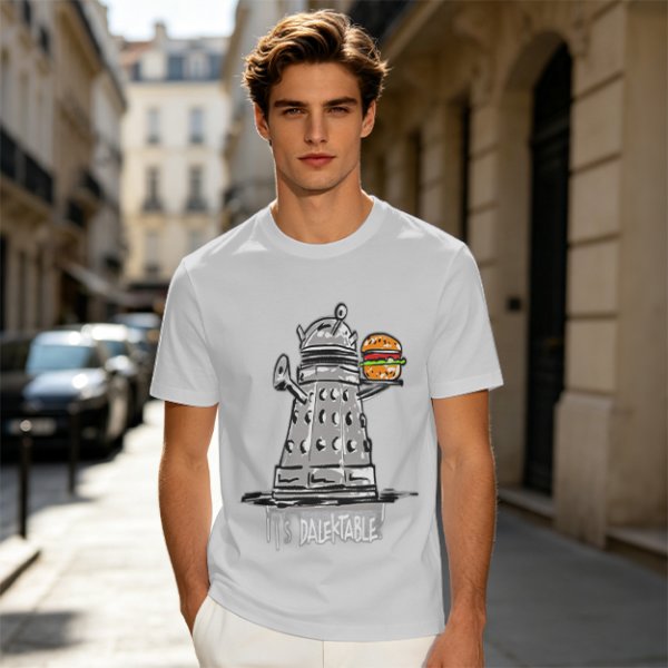 Olive t-shirt with Dalek holding burger and 'It's Dalektable' print