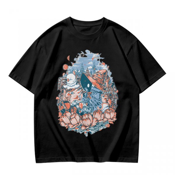 Olive T-Shirt with Whimsical Fantasy Character and Floral Art Print