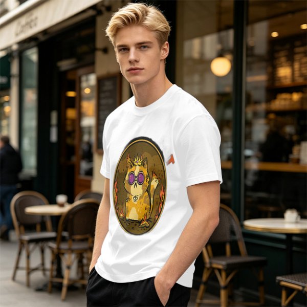 Olive T-Shirt With Flaming Royal Cat Portrait Print