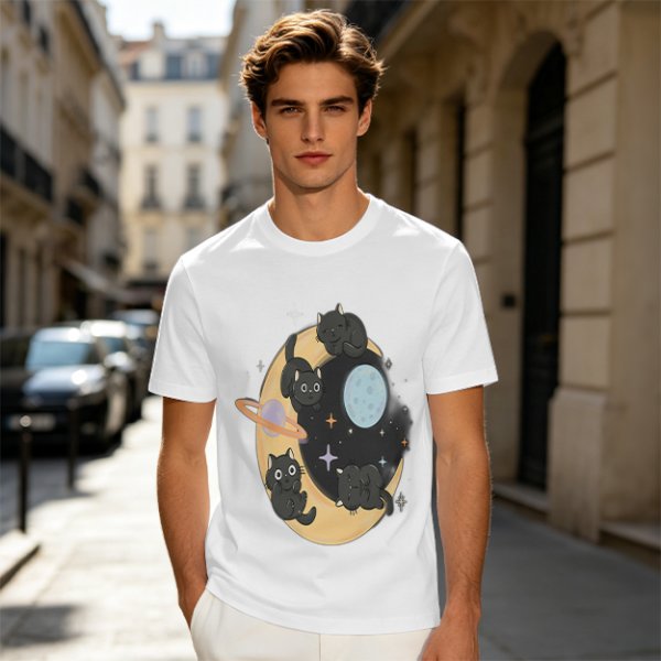 Olive T-Shirt With Black Cats On Crescent Moon Space Print