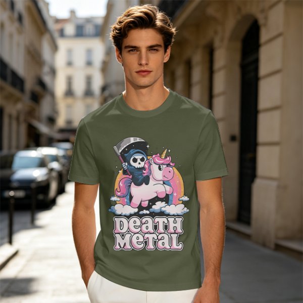 Olive t-shirt with cute grim reaper riding unicorn and death metal graphic