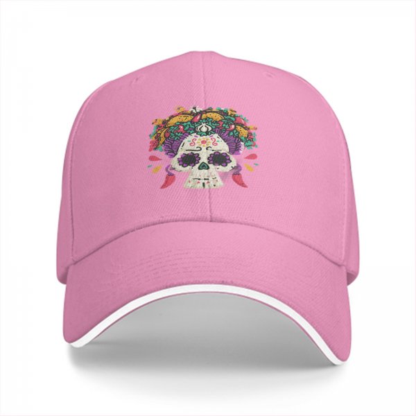 Black Baseball Cap With Colorful Sugar Skull And Food Artwork