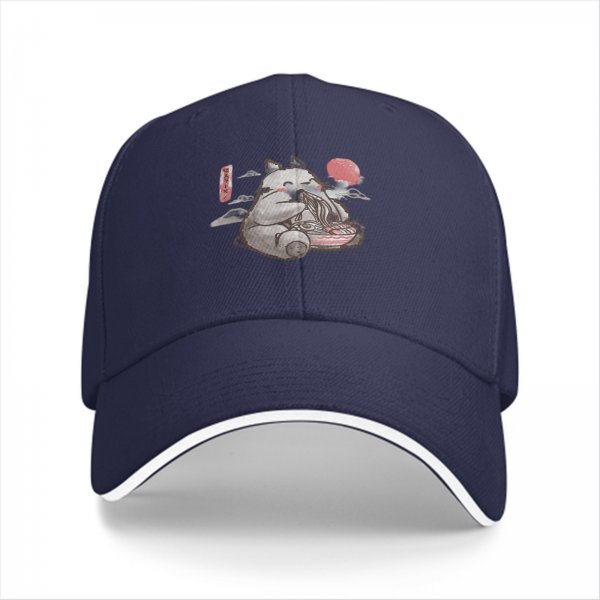 Black baseball cap with cute fox eating ramen sun and cloud design