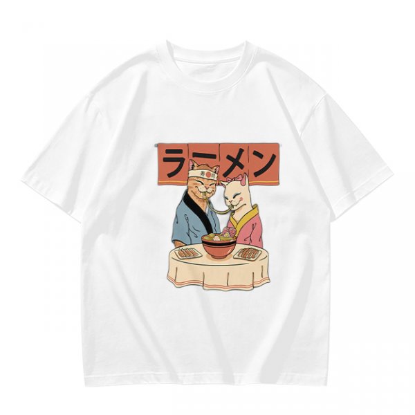 Olive T-Shirt With Cats Eating Ramen Japanese Art Print