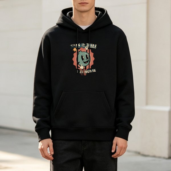 Black hoodie with retro cartoon graphic and humorous text print