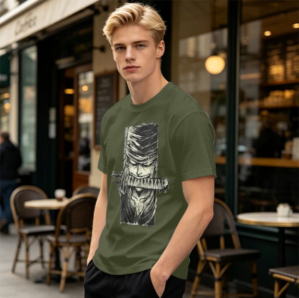Olive T-shirt with One Piece Zoro Bandana Sword Print