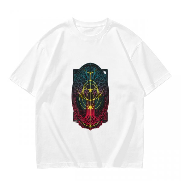 Olive Green T-Shirt With Colorful Mystical Geometric Tree Print