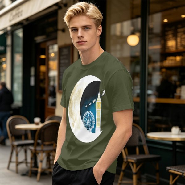Olive T-Shirt with Crescent Moon London Skyline Flying Figures Print