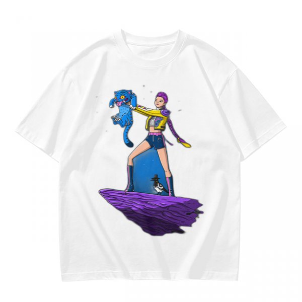 Olive T-shirt with Art Print of Girl Holding Blue Creature on Floating Rock