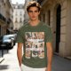 Olive T-Shirt with 9 Grid Cute Cat Illustrations Print
