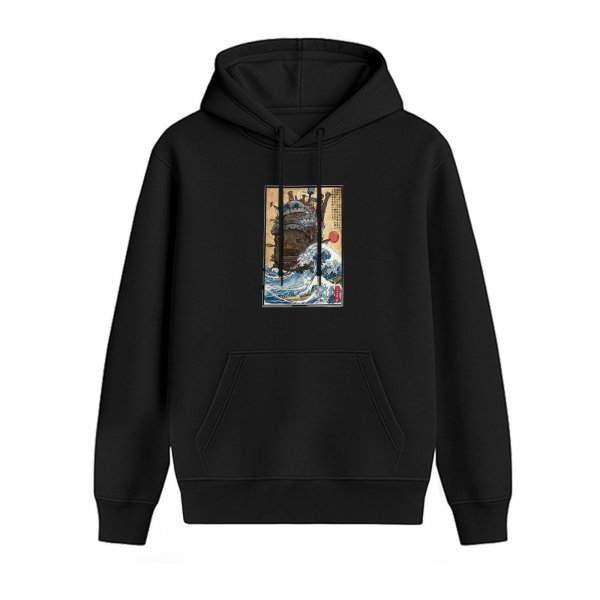 Black hoodie with ukiyo-e style wave and mechanical figure print